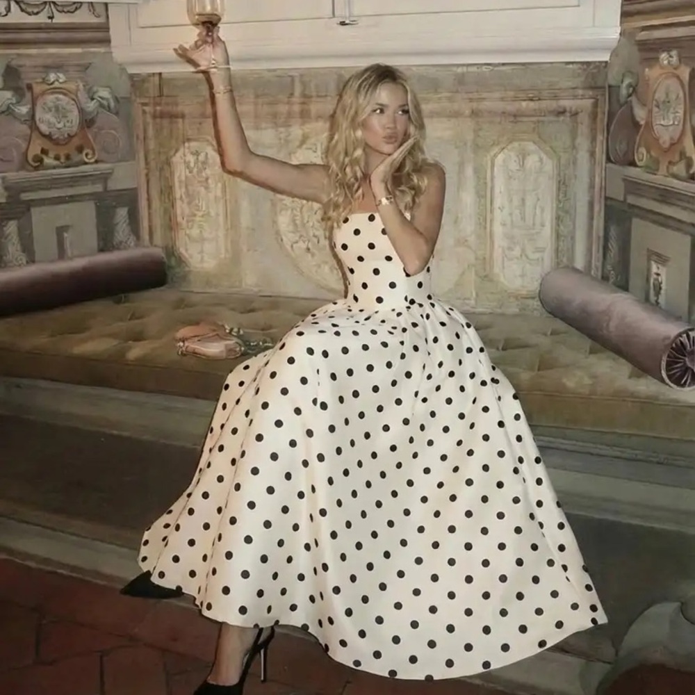 Cider Strapless White Polka Dot Midi Dress